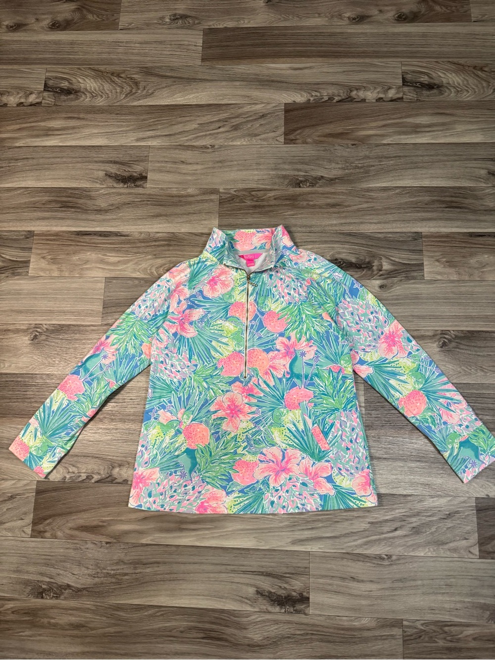 Lilly Pulitzer Tropical Floral Print Front Pocket Quarter Zip Pullover Sz Large